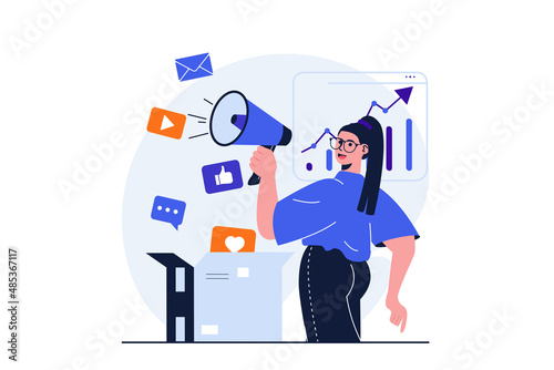 Social media marketing modern flat concept for web banner design. Woman marketer makes online advertising campaign, creates and publishes ad content. Vector illustration with isolated people scene