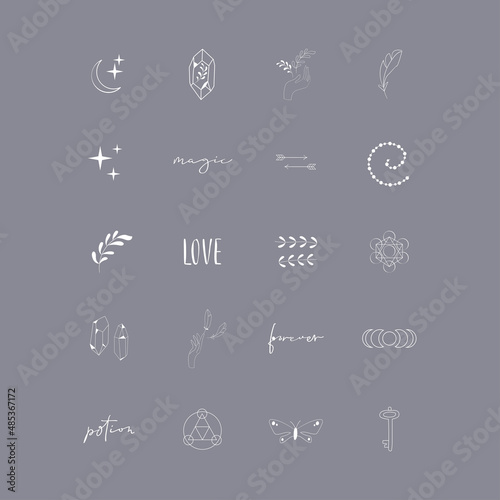 Icons with magic herbs, bottles and hands