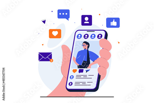 Social network modern flat concept for web banner design. Woman follows blog and personal profile of friend or blogger, likes photos and comments posts. Vector illustration with isolated people scene