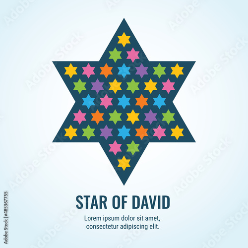 Template card with colorful Star of David. Stylized Jewish Star. Many stars in one big star. Vector icon, symbol, sign. Vector illustration. 