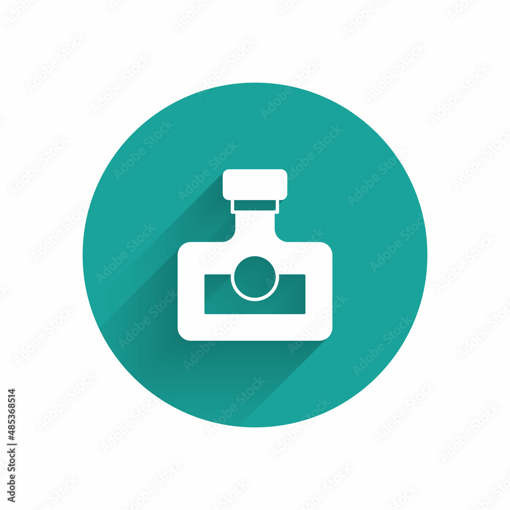 White Alcohol drink Rum bottle icon isolated with long shadow. Green circle button. Vector White Alcohol drink Rum bottle icon isolated with long shadow. Green circle button. Vector