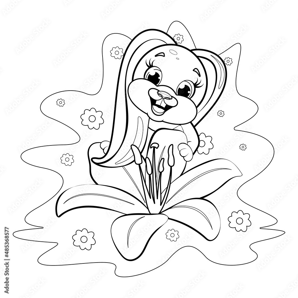 Coloring page. Gentle and cute bunny hold the big flower