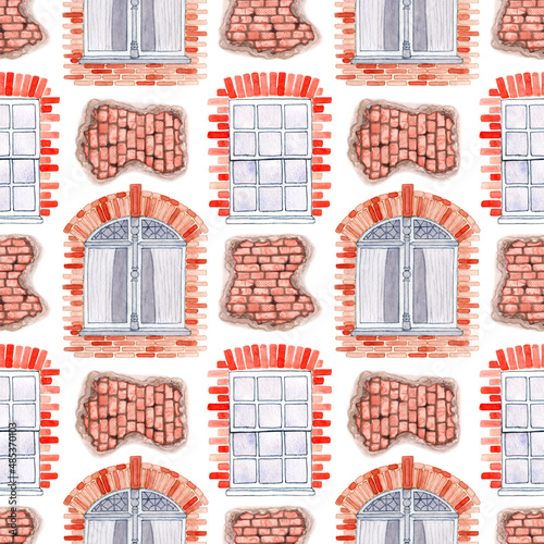 Watercolor seamless pattern of windows and red bricks. Rustic facade architecture. Old buildings. Hand drawn on a white background.