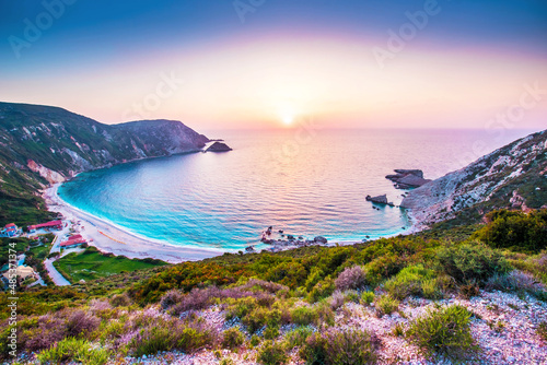 Obraz na płótnie Fantastically fabulous mystical stunning magical landscape with the beach at sunset in Petani Beach, Kefalonia, Greece. Amazing places. Tourist Attractions. w salonie