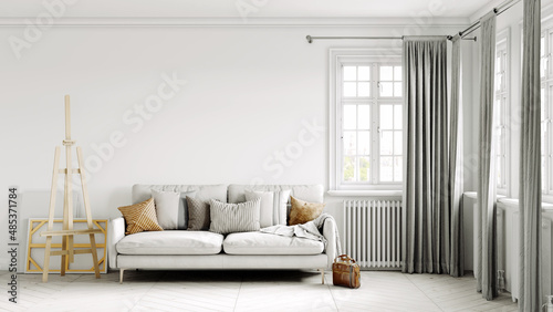 Beautiful interior of a modern room. Bright and clean design. A sofa standing by a large window against a wall background. 3D rendering