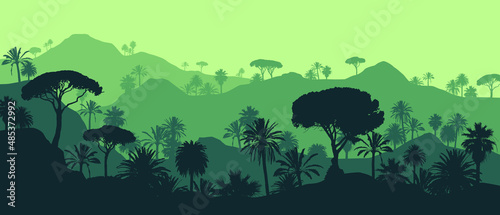 Beautiful flat vector landscape of a layered rainforest jungle in green colors.