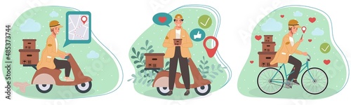 Courier or delivery service workers standing in different poses. Characters set with parcels packages boxes. Vector illustration delivery concept