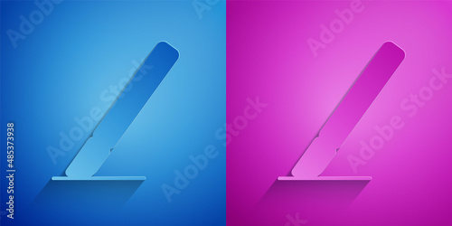 Paper cut Medical surgery scalpel tool icon isolated on blue and purple background. Medical instrument. Paper art style. Vector