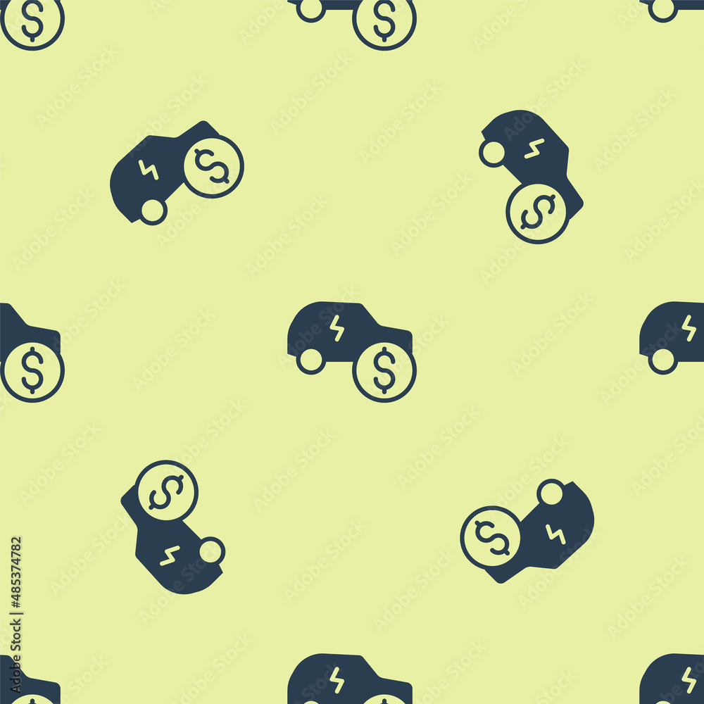 Obraz premium Blue Electric car price icon isolated seamless pattern on yellow background. Electric auto industry growth concept. Electric car sale concept. Vector