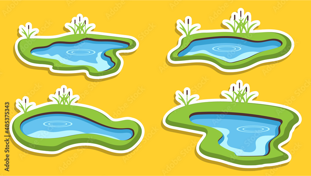 Lake, set of realistic cartoon lakes in white outline. Vector illustration.