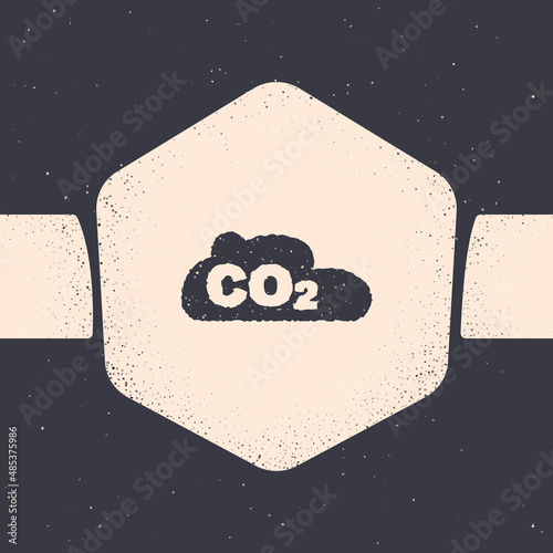 Grunge CO2 emissions in cloud icon isolated on grey background. Carbon dioxide formula, smog pollution concept, environment concept. Monochrome vintage drawing. Vector