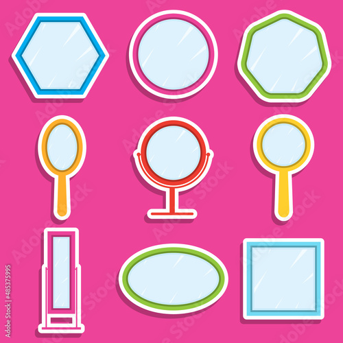 Mirror, a set of multi-colored cartoon mirrors with a white outline. Vector illustration.