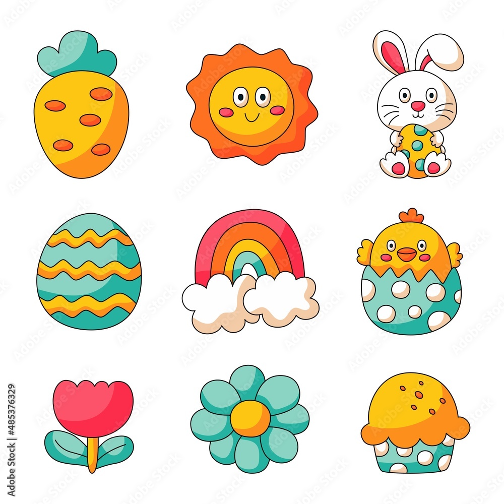 Happy Easter day set. cartoon character rabbits and chicks isolated on white background. vector Illustration.
