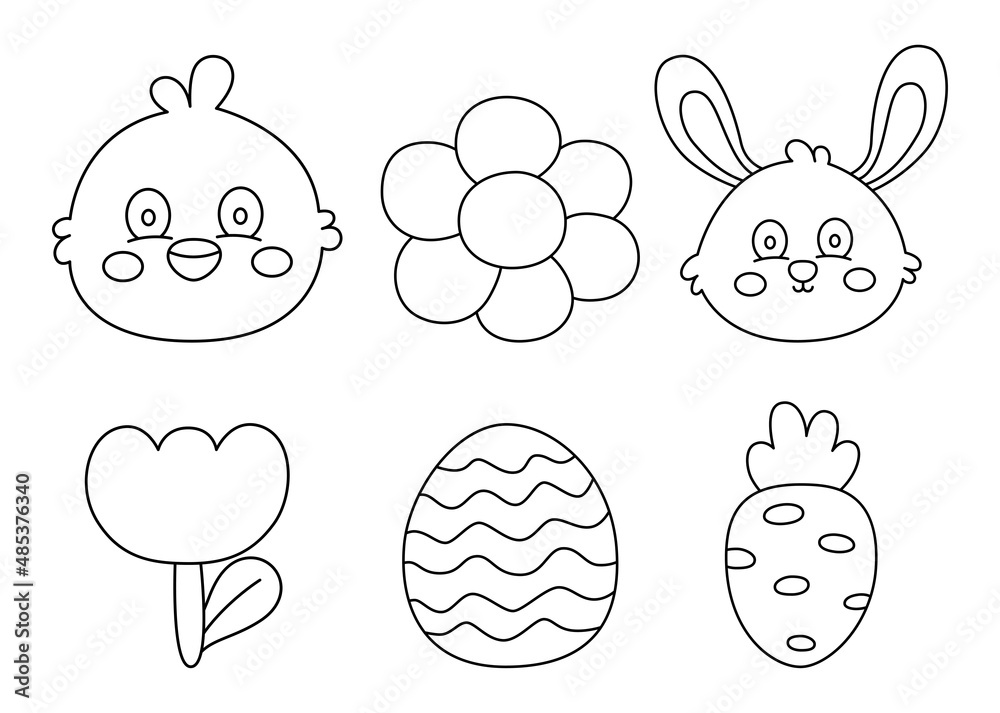 Happy Easter day thin line icons set. cartoon character rabbits and chicks isolated on white background. vector Illustration.