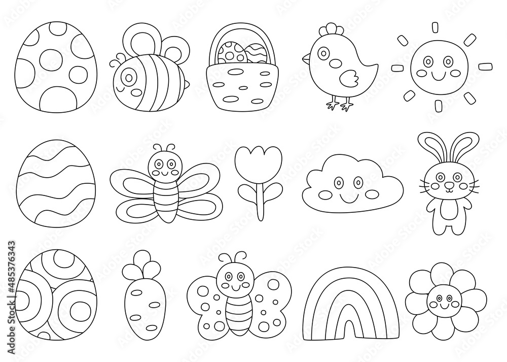 Happy Easter day thin line icons set. cartoon character rabbits and chicks isolated on white background. vector Illustration. Happy Easter day thin line icons set. cartoon character rabbits and chicks isolated on white background. vector Illustration.