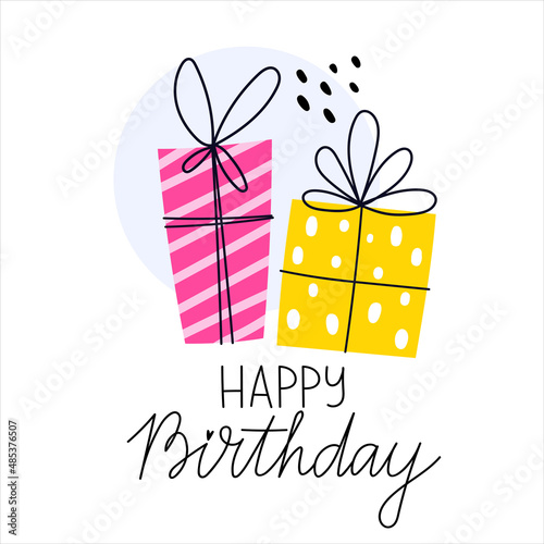Birthday greeting card design with hand drawn presents and Happy Birthday lettering.  Flat style vector illustration, isolated on white background.