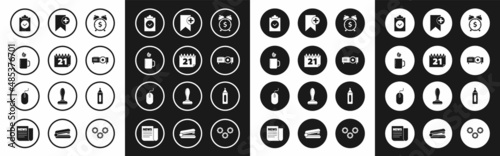 Set Alarm clock with dollar symbol, Calendar, Cup of tea and leaf, Completed task, Presentation, movie, film, media projector, Bookmark, Marker pen and Computer mouse icon. Vector