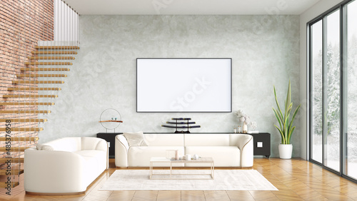 Modern beautiful interior room with a white painting. Clean and lightweight design with wooden floors and light walls. 3d rendering