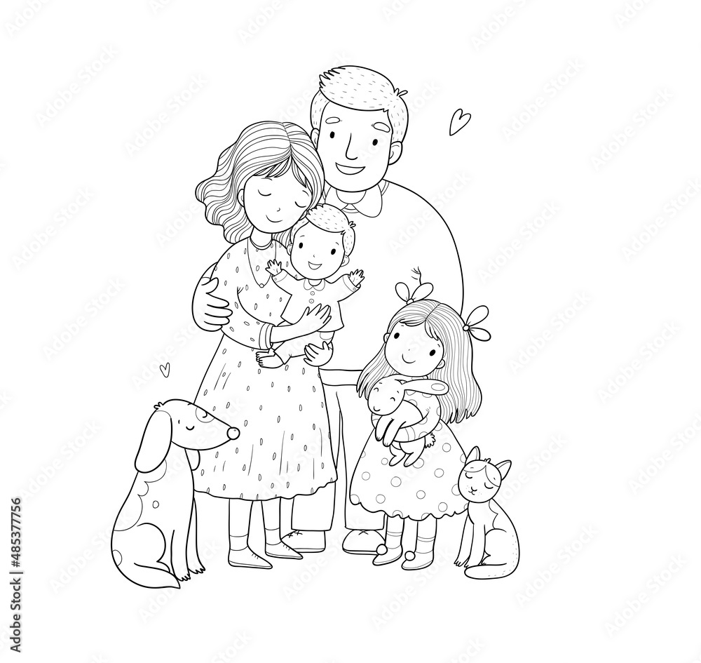 Cute cartoon family and a cat with a dog. Mom, dad and kids. Happy people.  Illustration for coloring books. 