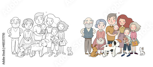 Fototapeta Naklejka Na Ścianę i Meble -  Cute cartoon family and a cat with a dog. Mom, dad and kids. Happy people.  Illustration for coloring books. Monochrome and colored versions. Worksheet for children and adults