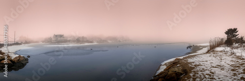 Peaceful foggy winter snowscape over the shoreline on Cape Cod, Massachusetts. Seabirds swimming in the animal sanctuary.