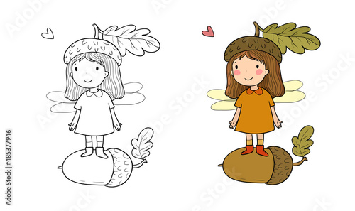 Cute cartoon fairy.Little Flower elf. Little girl with wings.  Illustration for coloring books. Monochrome and colored versions. Worksheet for children and adults