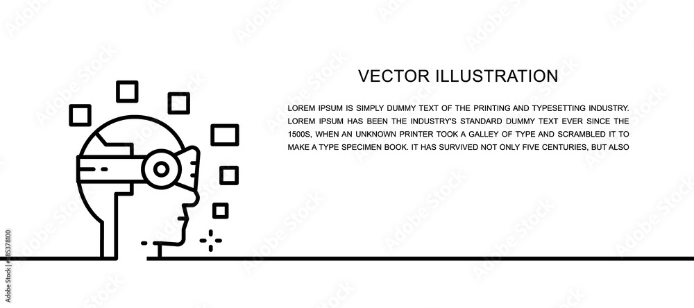 Robot, artificial intelligence, 360 degree view, virtual reality helmet one line icon. Robot, artificial intelligence, 360 degree view, virtual reality helmet one line icon.