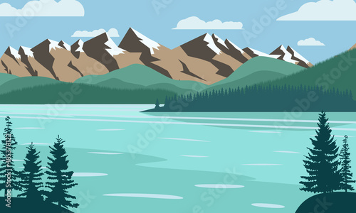 Landscape lake in the mountains. Color vector illustration, flat style.