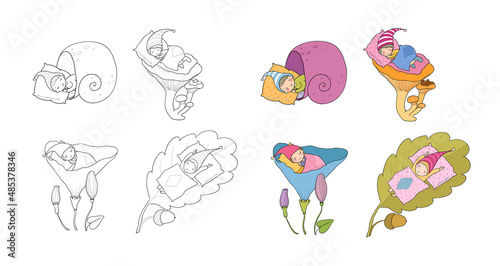 Cute cartoon sleeping gnomes. Forest elves.  Illustration for coloring books. Monochrome and colored versions. Worksheet for children and adults