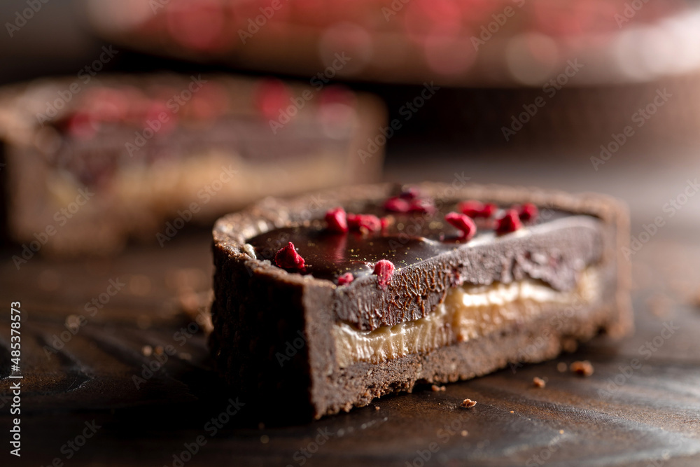Tartlet, tart, homemade cakes. Delicious chocolate pie stuffed with shortcrust pastry. High quality photo
