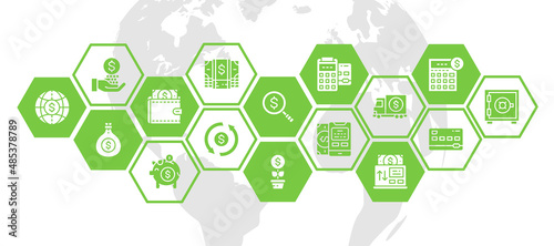 Money and Banking web banner with icon set. Credit Card, Currency Exchange, Atm, Terminal illustration concept for business webpage, financial banner.