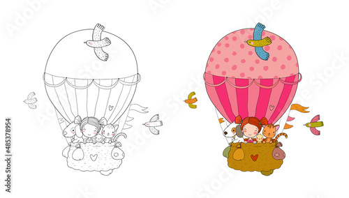 Cute cartoon girl and her friends are flying in a balloon. Little princess, chicken, cat and puppy