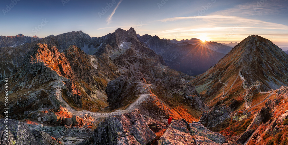 Obraz premium Poland Tatras from peak Szpiglasowy, Nice mountain landscape in Europe at sunrise over Morskie oko