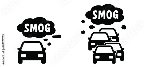 Cars and traffic CO2 clouds. traffic exhaust pollution icon. Vector pictogram or symbol. Car with smog. CO2 emissions. Carbon dioxide. Climate change and global warming. NOx or nitrogen oxides.