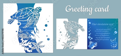 Turtle, starfish, crab. Fauna with marine animals. Template for making a postcard. Vector image for laser cutting, plotter printing and scrapbooking.