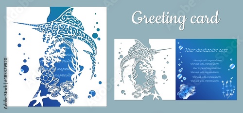 Fish, swordfish, turtle. Fauna with marine animals. Template for making a postcard. Vector image for laser cutting, plotter printing and scrapbooking.