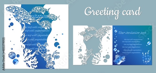 Fish, turtle. Fauna with marine animals. Template for making a postcard. Vector image for laser cutting, plotter printing and scrapbooking.