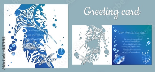 template for making a postcard. vector image for laser cutting and plotter printing. fauna with marine animals.
