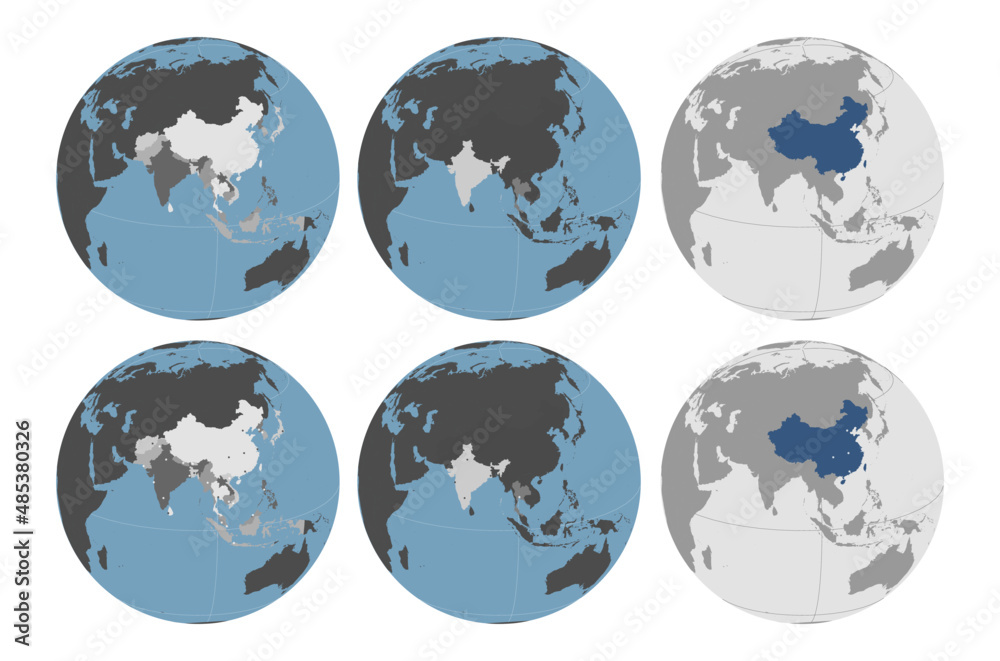 Round Globe Vector Map with Asian Countries highlighted and Major CIties optionally pointed (see top and bottom). Any country combinations could be highlighted- see from left to right. Asia Map