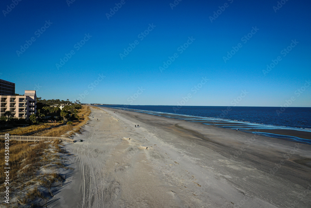 Aerial view of Atlantic Ocean Beach Coastline along Hilton Head Island South Carolina