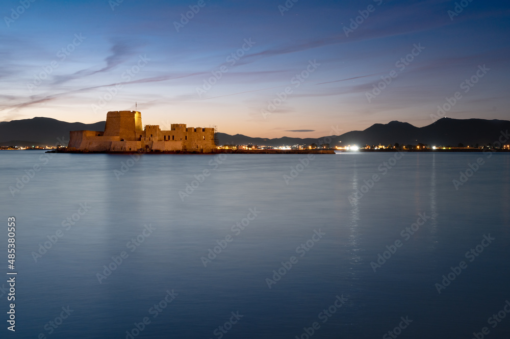 Bourtzi Castle, Castle in water at sunset - Nafplio, Peloponnese, Greece