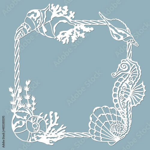 seahorse, Scallop, shell, coral, in the form of a corner for decaration. Template for laser, plotter cutting, and screen printing. The pattern for the mirrors and panela.