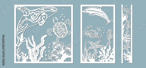 killer whale, Dolphin, starfish, seahorse, turtle, crab, algae, corals, Kelp, laminaria, Macrocystis, Brown alga, rockweed, Fucus, Posidonia . Vector illustration. Set of paper marine animals stickers