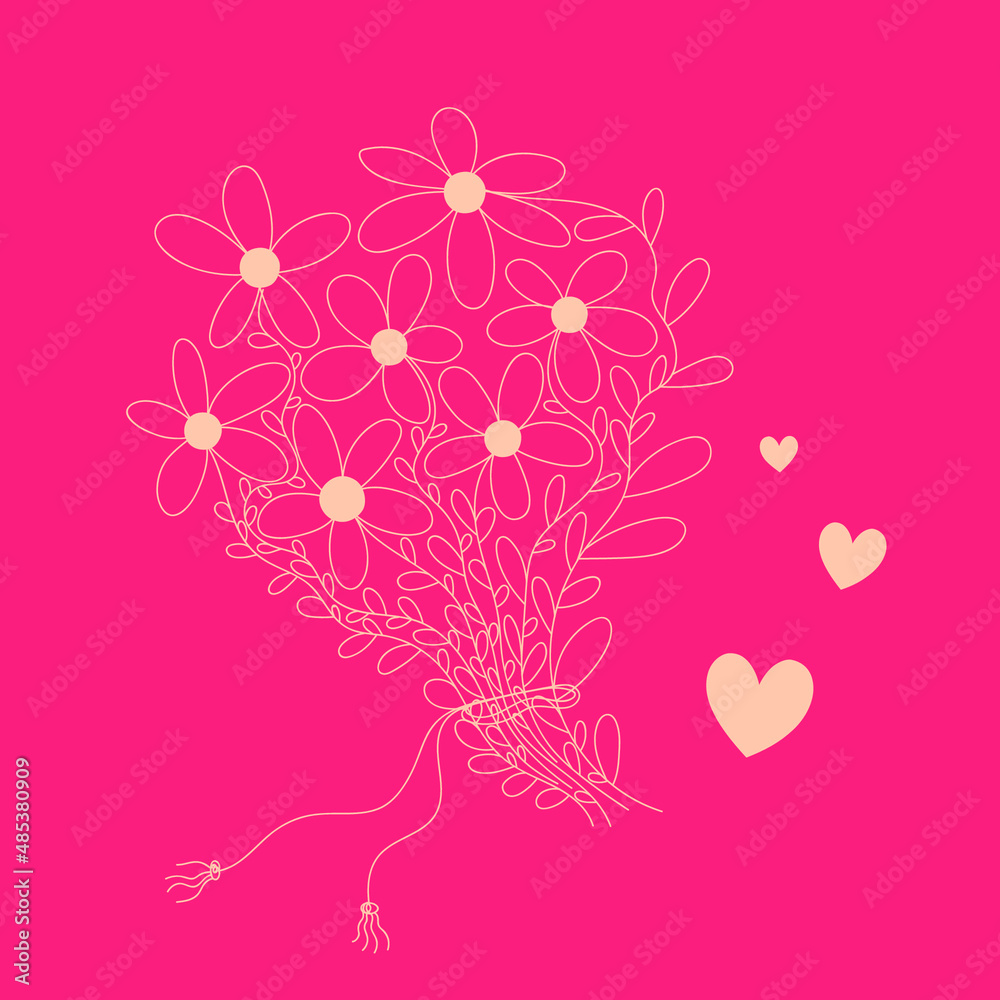 Creative universal art background on a pink background. Poster for Valentine's Day. Outline illustration. Heart, flowers.Trendy graphic design for banner, poster, card, cover, invitation, placard.