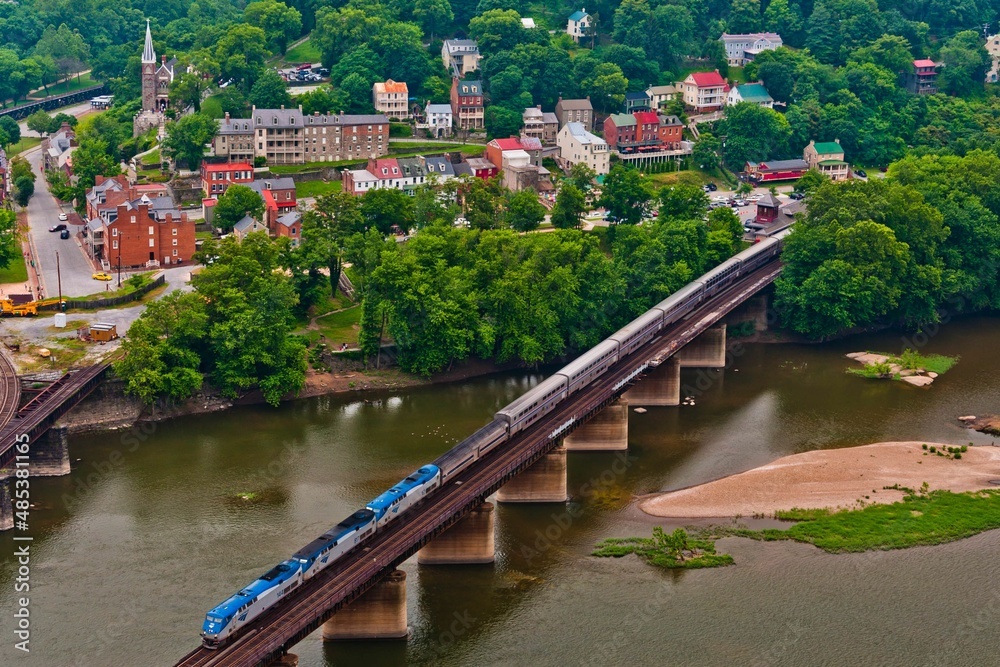View of Amtrak Train from Maryland Heights, Harpers Ferry National Historical Park, West Virginia, USA View of Amtrak Train from Maryland Heights, Harpers Ferry National Historical Park, West Virginia, USA