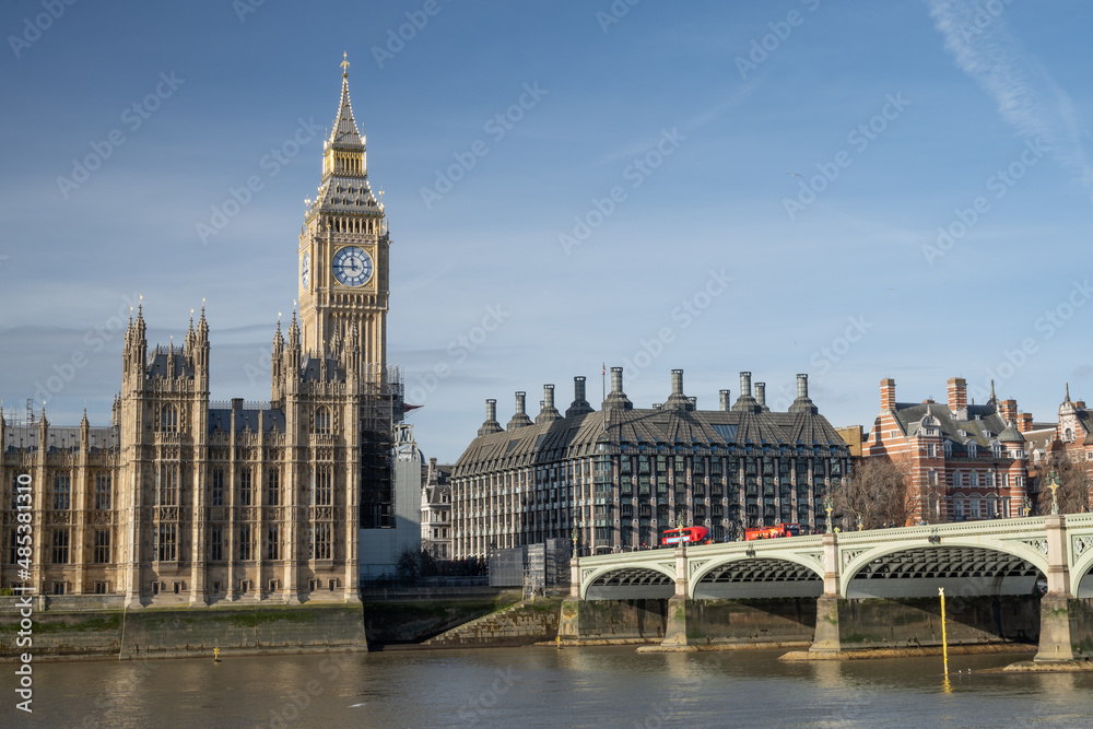 View of restored 2022 iconic Big Ben clock tower and Westminster palace in front of Thames River View of restored 2022 iconic Big Ben clock tower and Westminster palace in front of Thames River