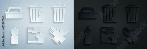 Set Washer and t-shirt, Trash can, Plastic bottles for liquid dishwashing liquid, Rubber gloves, garbage bag and Brush cleaning icon. Vector
