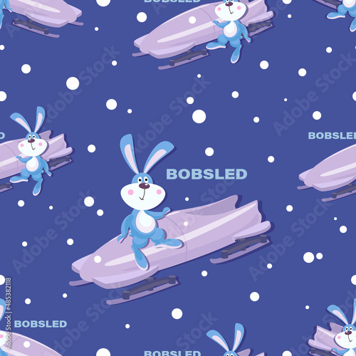 Bobsled background. Cute bunny sportsmen. Rabbit bobsleigh sled race athlete winter sport. Bobsleigh competition. Flat design for kids or babies textile. Seamless pattern. Vector illustration. 