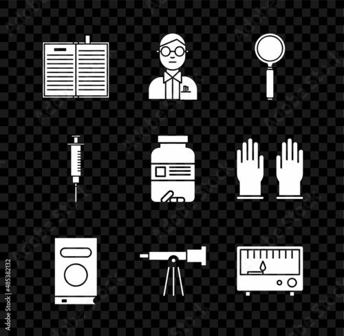 Set Open science book, Scientist, Magnifying glass, Book, Telescope, Electrical measuring instruments, Syringe and Medicine bottle and pills icon. Vector