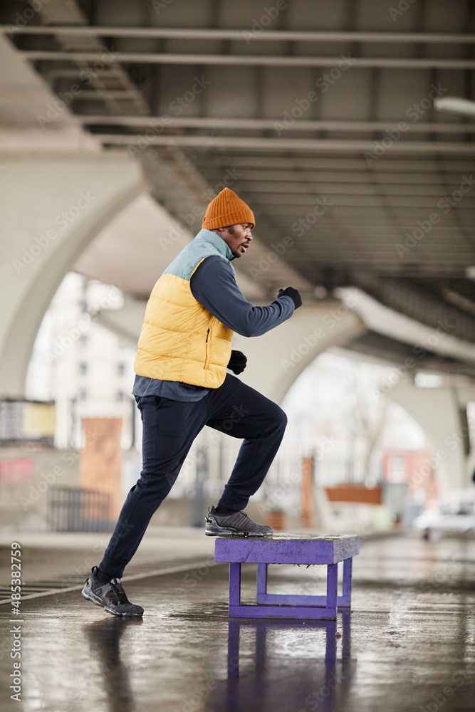 Obraz premium Side view of young active African American athlete in warm tracksuit, beanie hat and sleeveless jacket exercising on jump box